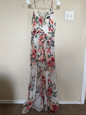 Floral Spaghetti Strap Maxi Dress in Cream with Pink & Green Blooms